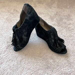 Anyi Lu Jessie Suede Kiltie Wedge Tassels Peep-Toe Booties